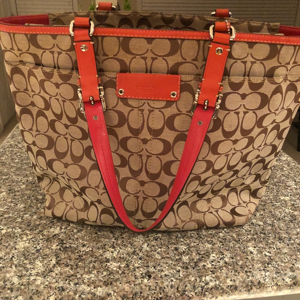 Authentic Coach khaki signature pocket tote
